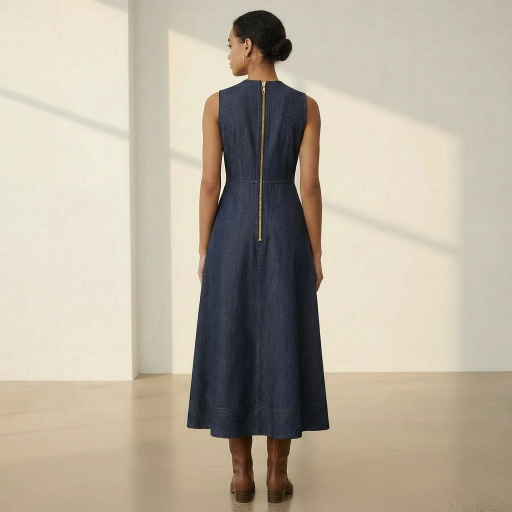 Indigo Cotton Denim Sleeveless Flared Midi Dress