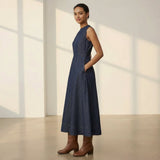 Indigo Cotton Denim Sleeveless Flared Midi Dress
