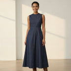 Indigo Cotton Denim Sleeveless Flared Midi Dress
