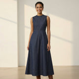 Indigo Cotton Denim Sleeveless Flared Midi Dress