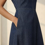 Indigo Cotton Denim Sleeveless Flared Midi Dress