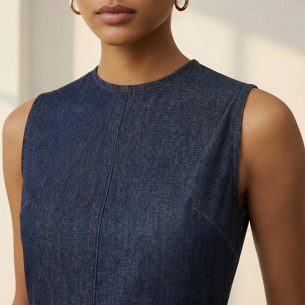 Indigo Cotton Denim Sleeveless Flared Midi Dress
