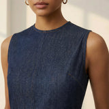 Indigo Cotton Denim Sleeveless Flared Midi Dress
