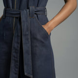 Indigo Cotton Denim Sleeveless Front Zipper Safari Jumpsuit