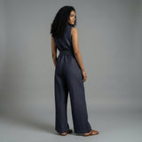 Indigo Cotton Denim Sleeveless Front Zipper Safari Jumpsuit