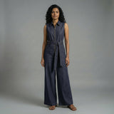 Indigo Cotton Denim Sleeveless Front Zipper Safari Jumpsuit