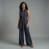 Indigo Cotton Denim Sleeveless Front Zipper Safari Jumpsuit