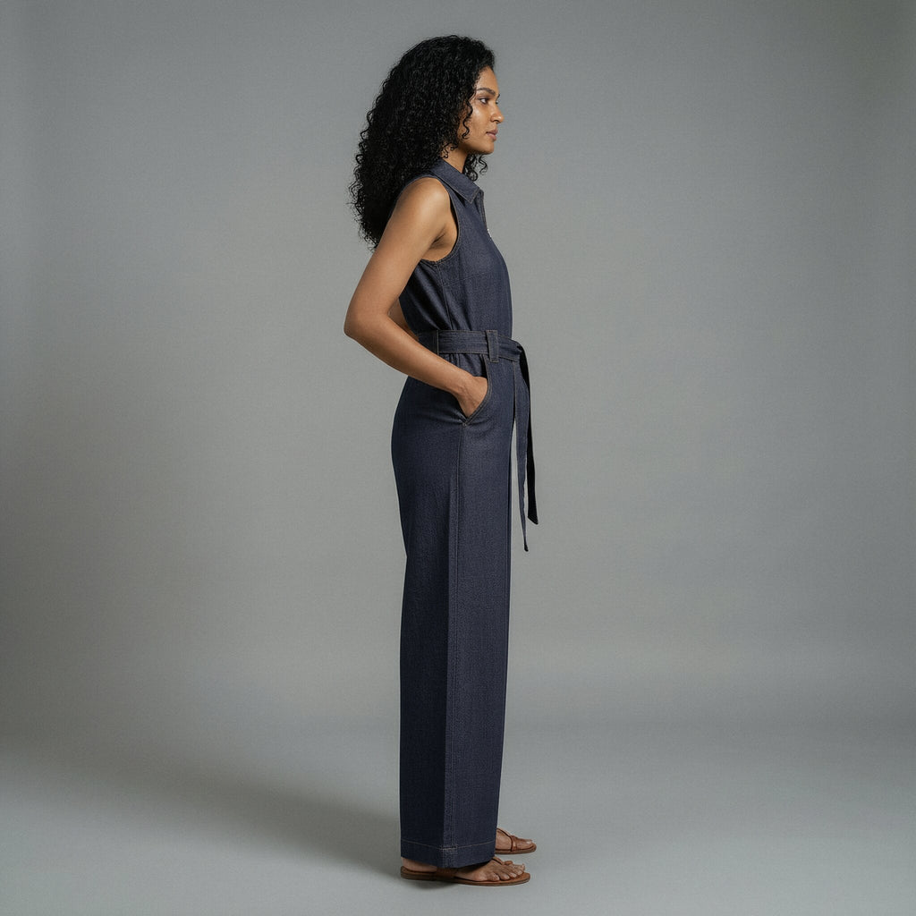 Indigo Cotton Denim Sleeveless Front Zipper Safari Jumpsuit