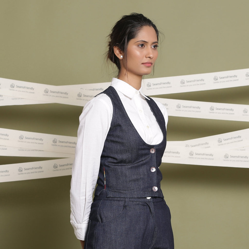 Front View of a Model wearing Indigo 100% Cotton Denim U-Neck Sleeveless Vest