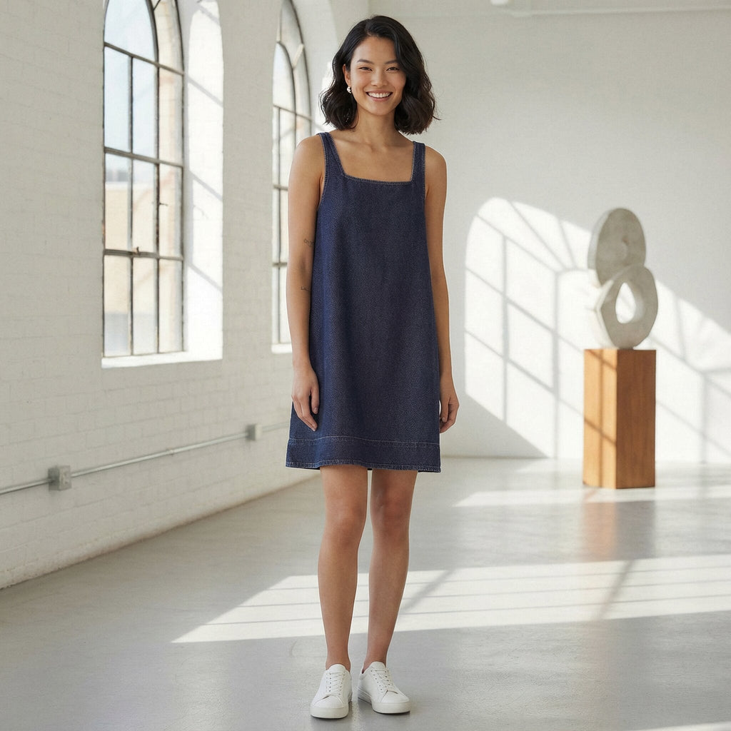 Indigo Cotton Denim Square Neck Strappy Short Dress