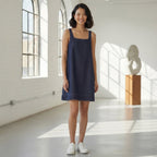 Indigo Cotton Denim Square Neck Strappy Short Dress