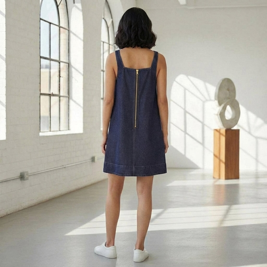 Indigo Cotton Denim Square Neck Strappy Short Dress
