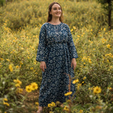 Front View of a Model wearing Indigo Dabu Block Print Floral Cotton Maxi Dress