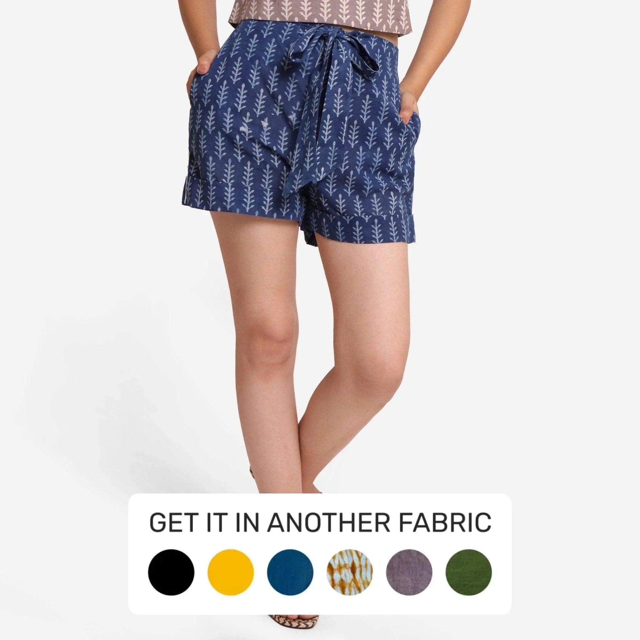 Front View of a Model wearing Indigo Dabu Print High Rise Comfort Fit Shorts