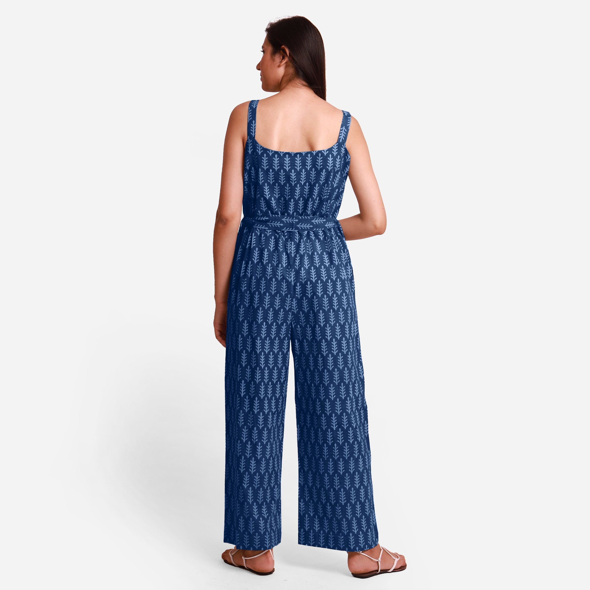 Back View of a Model wearing Indigo Dabu Block Print Straight Jumpsuit