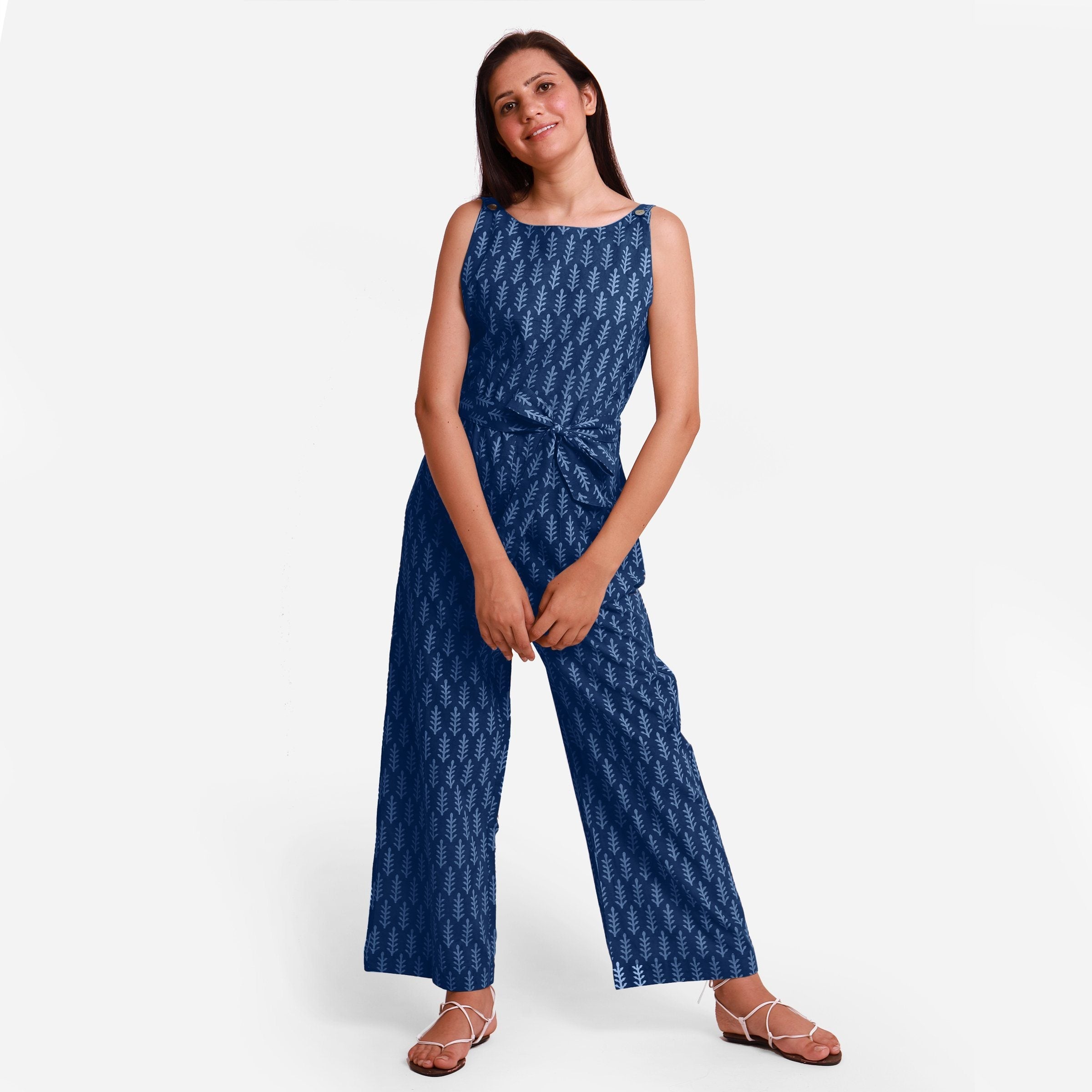 Front View of a Model wearing Indigo Dabu Block Print Straight Jumpsuit