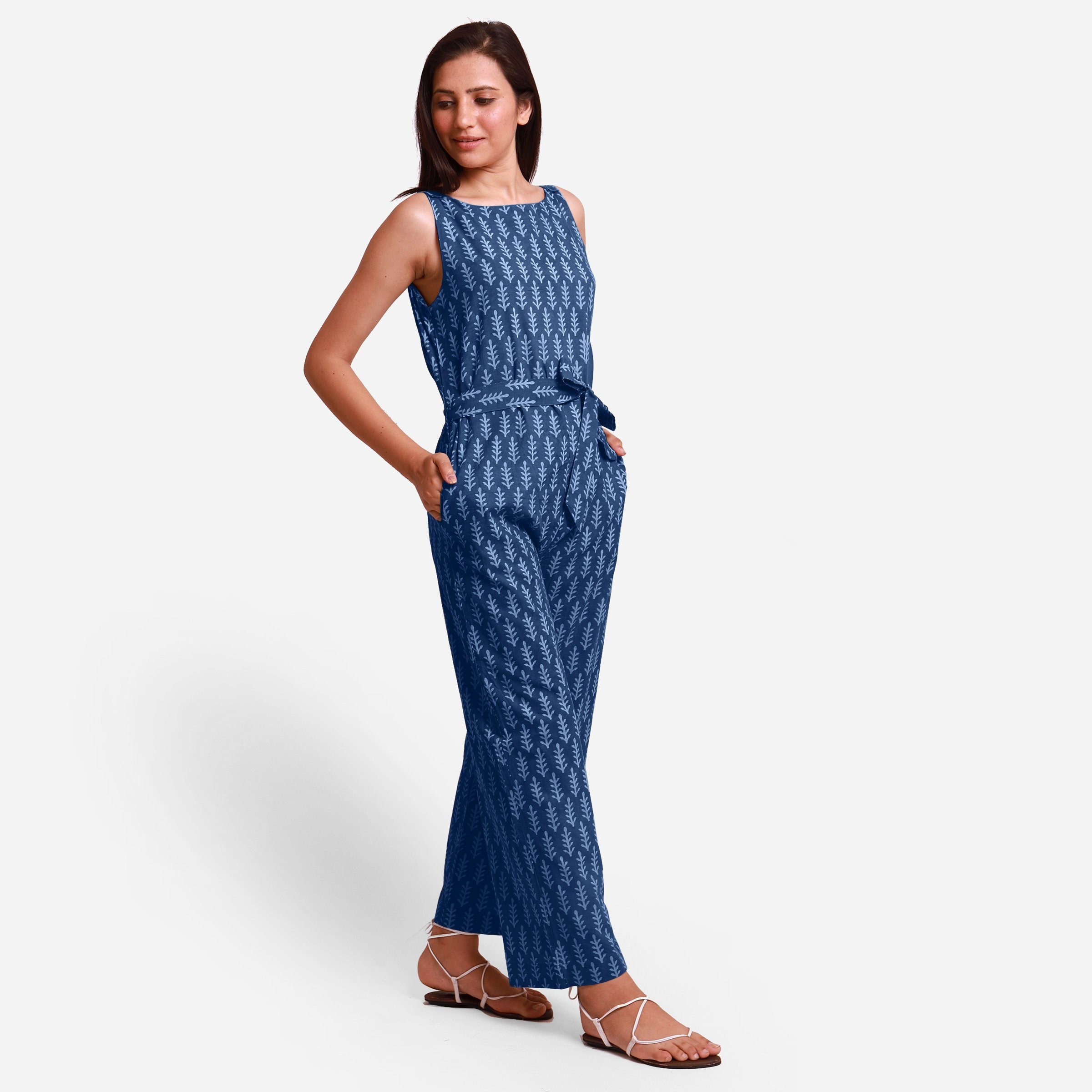 Right View of a Model wearing Indigo Dabu Block Print Straight Jumpsuit