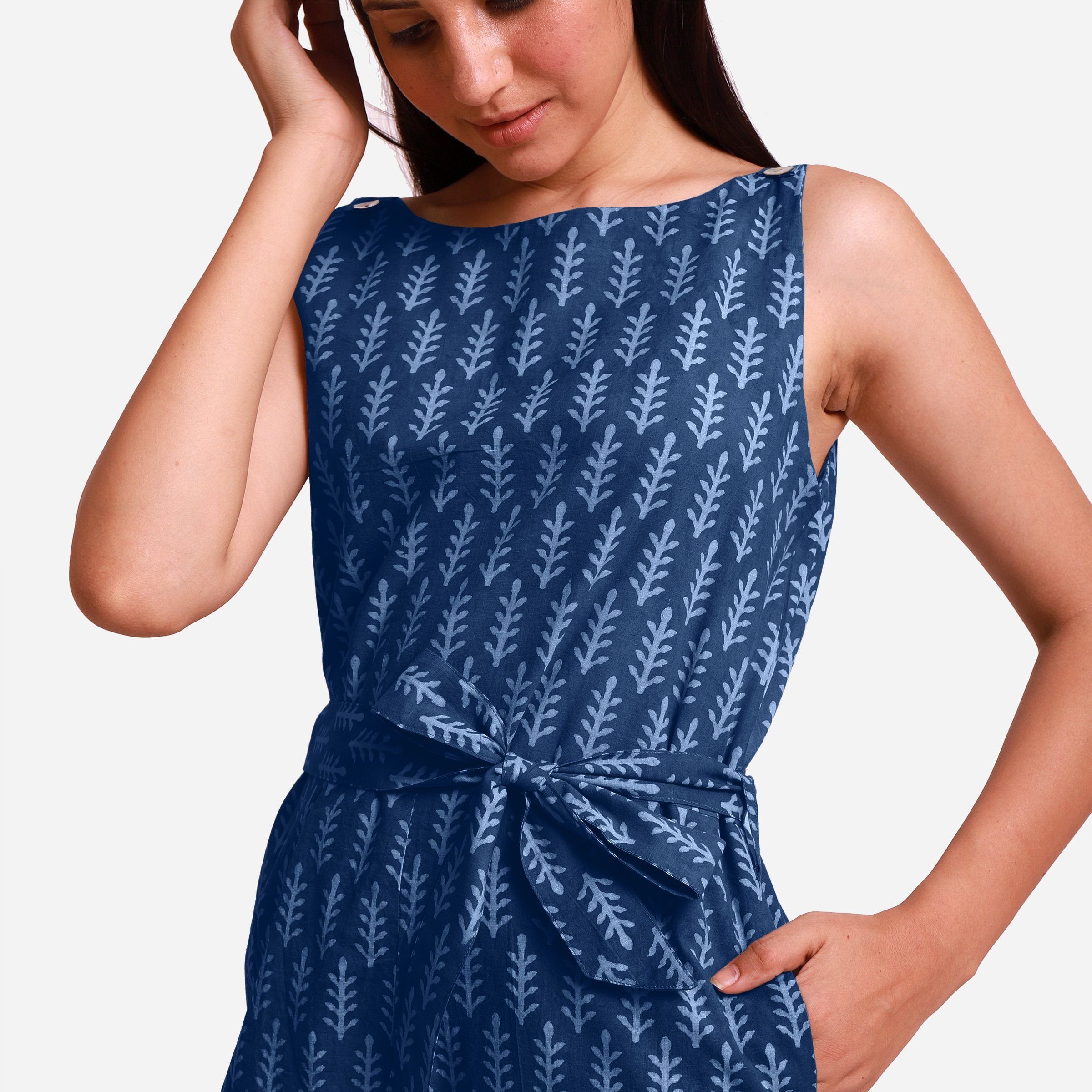 Front Detail of a Model wearing Indigo Dabu Block Print Straight Jumpsuit