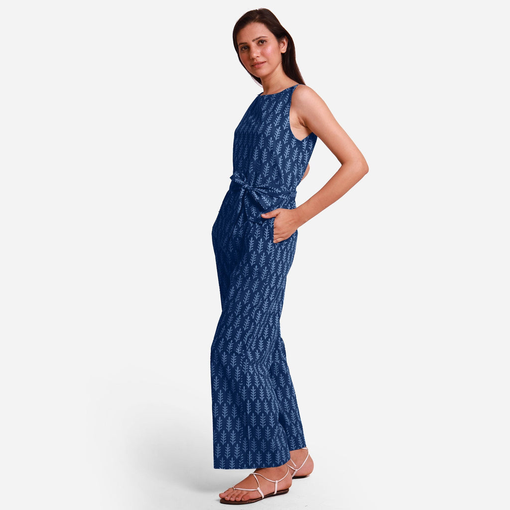 Left View of a Model wearing Indigo Dabu Block Print Straight Jumpsuit