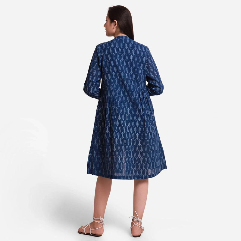 Back View of a Model wearing Indigo Dabu Block Print Button-Down Dress