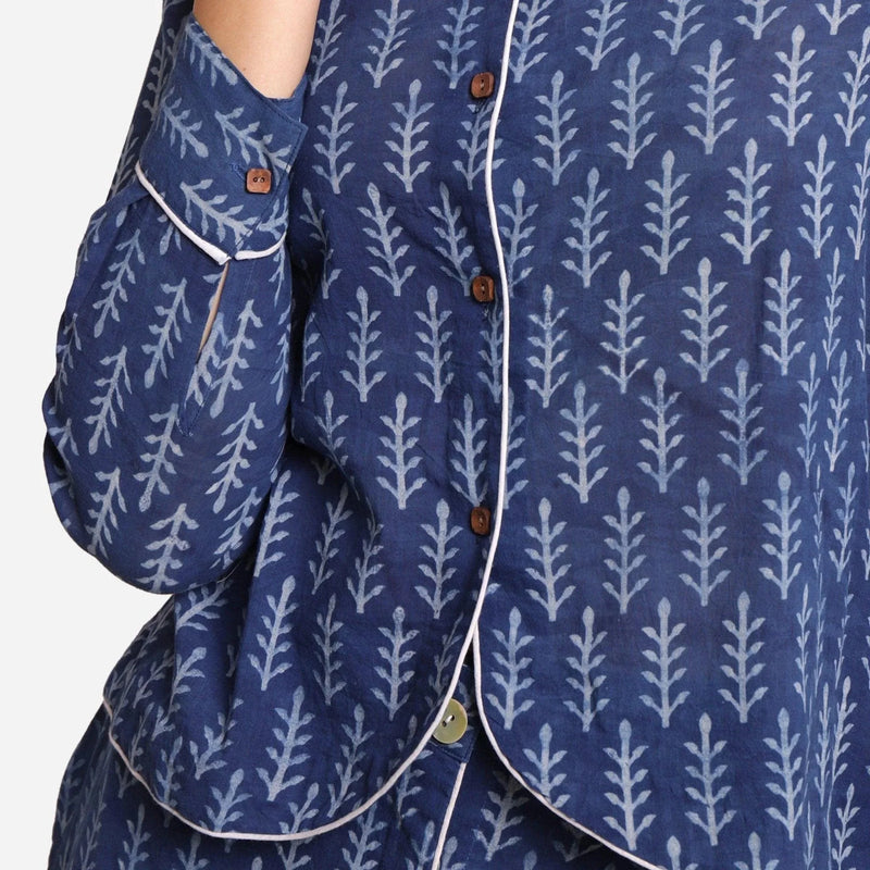 Front Detail of a Model wearing Indigo Dabu Block Printed Mandarin Collar Cotton Shirt