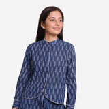 Front View of a Model wearing Indigo Dabu Block Printed Mandarin Collar Cotton Shirt