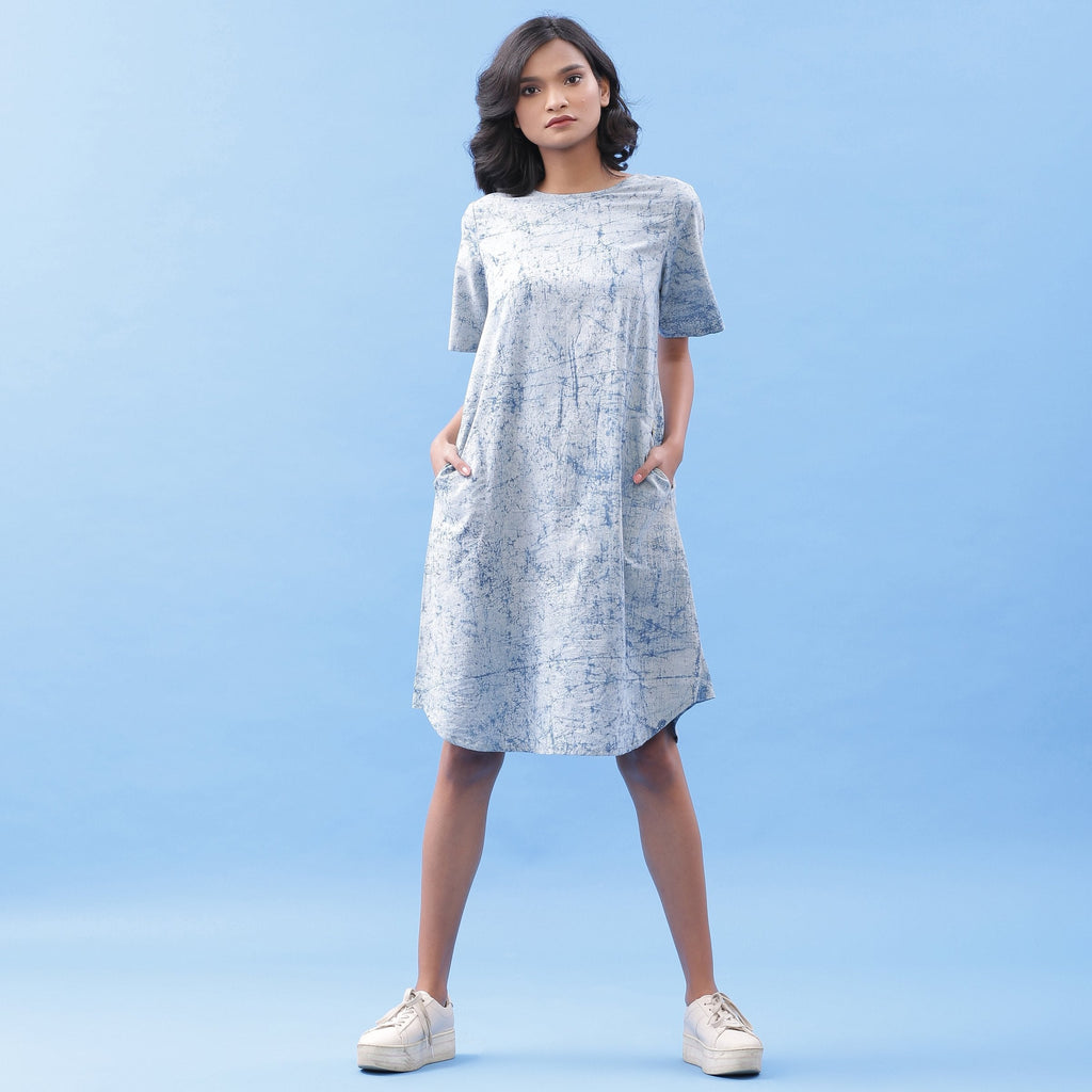 Front View of a Model wearing Blue Dabu Hand Lep Print Cotton Knee Length Dress