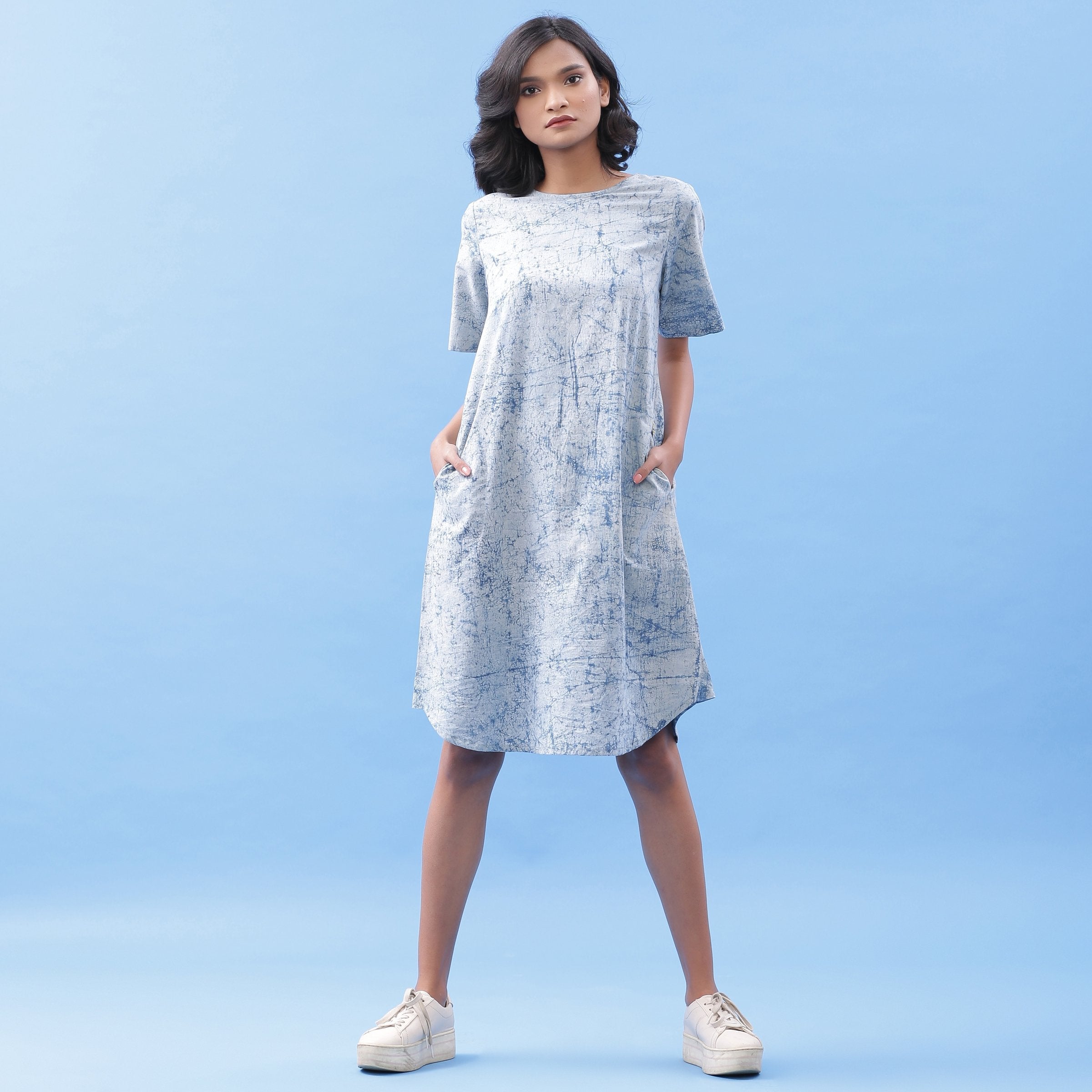 Front View of a Model wearing Blue Dabu Hand Lep Print Cotton Knee Length Dress