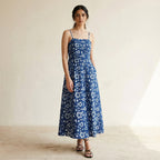 Indigo Floral Block Print Cotton Ankle Length Flared Sundress