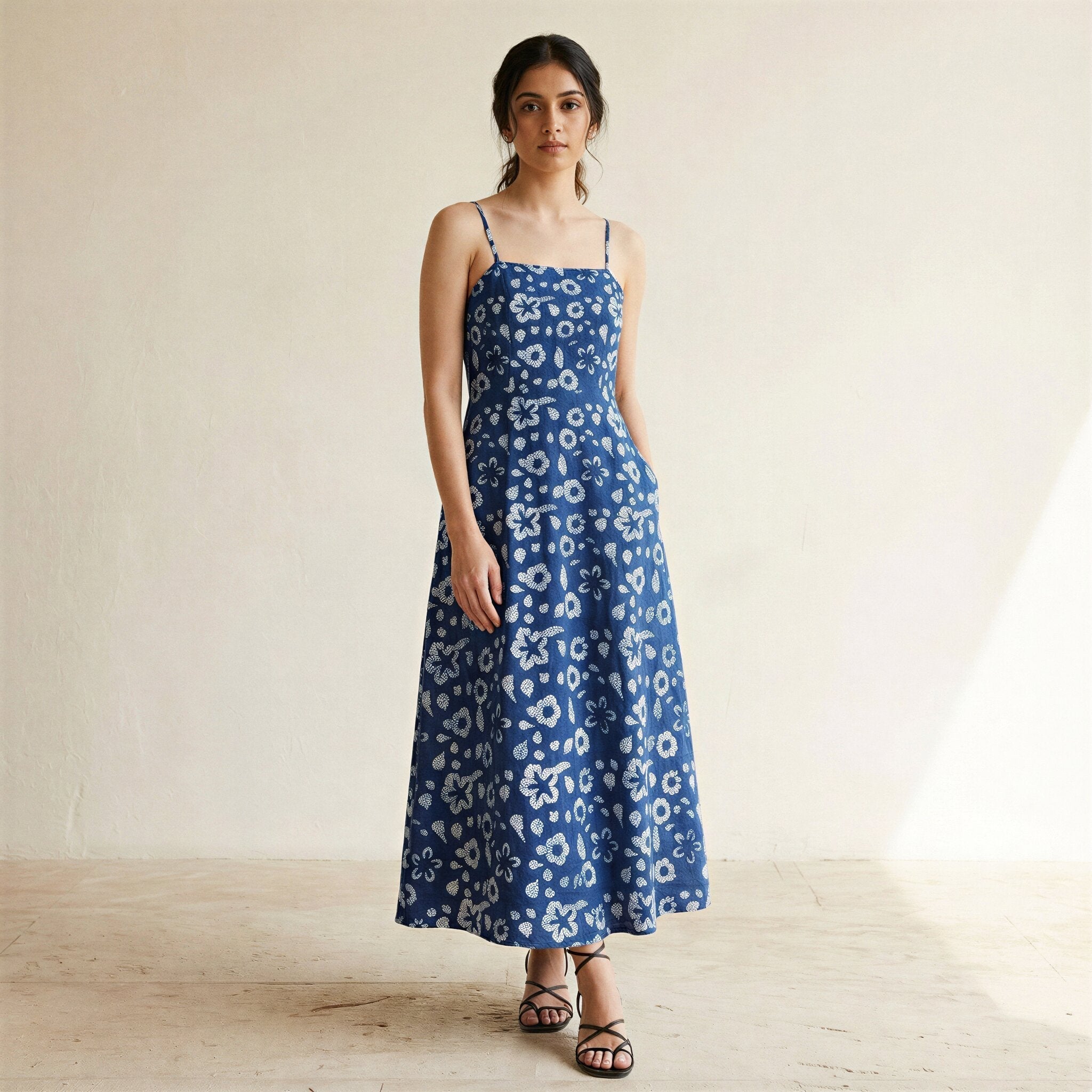 Indigo Floral Block Print Cotton Ankle Length Flared Sundress