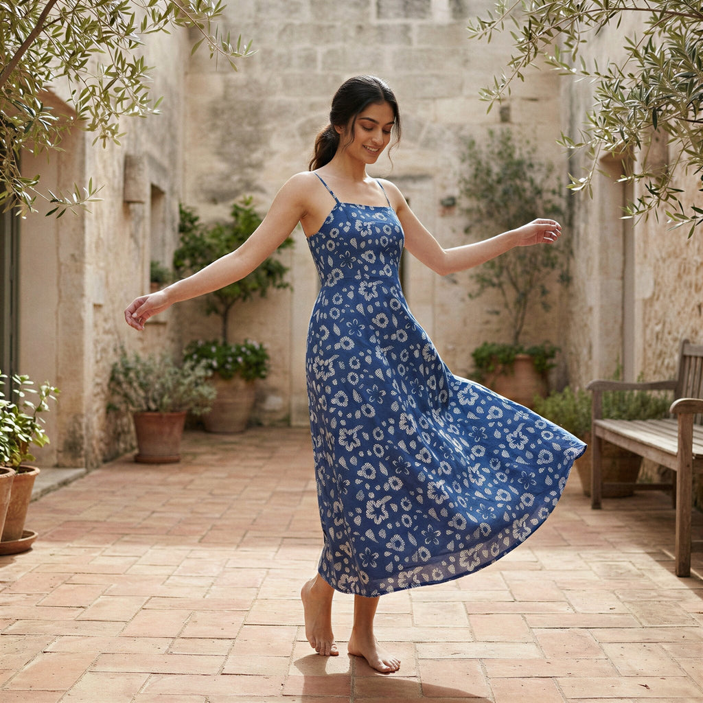 Indigo Floral Block Print Cotton Ankle Length Flared Sundress