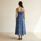Indigo Floral Block Print Cotton Ankle Length Flared Sundress