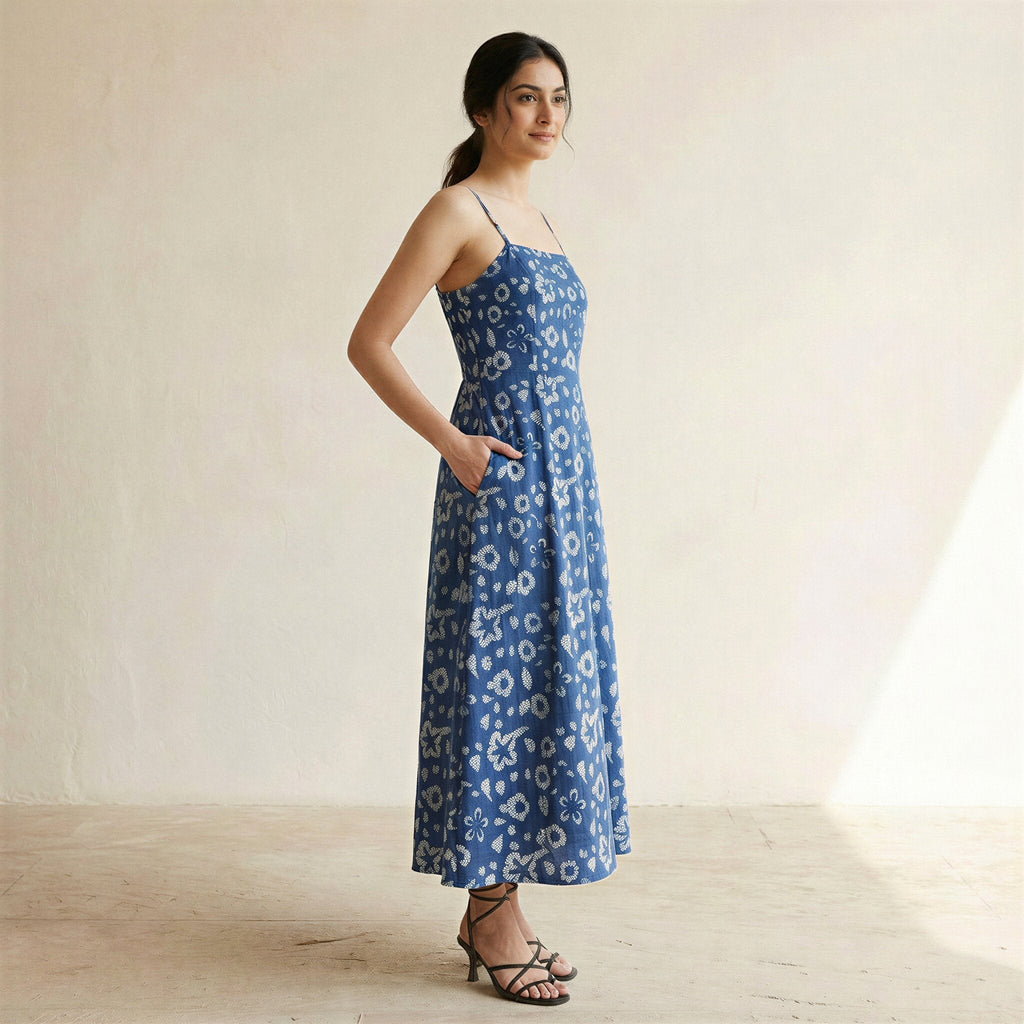 Indigo Floral Block Print Cotton Ankle Length Flared Sundress