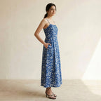 Indigo Floral Block Print Cotton Ankle Length Flared Sundress