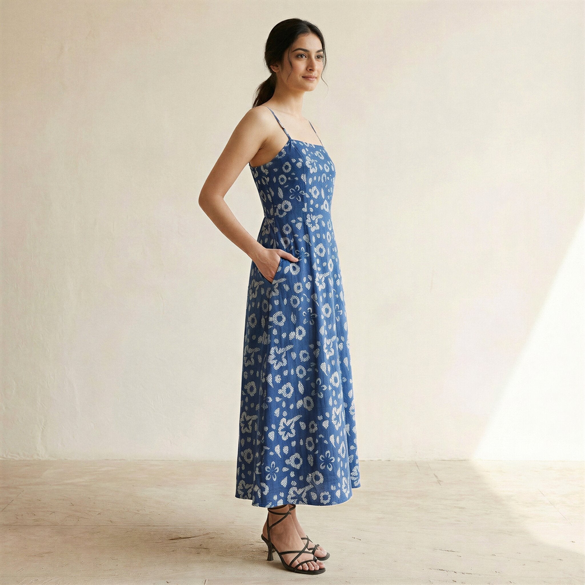 Indigo Floral Block Print Cotton Ankle Length Flared Sundress