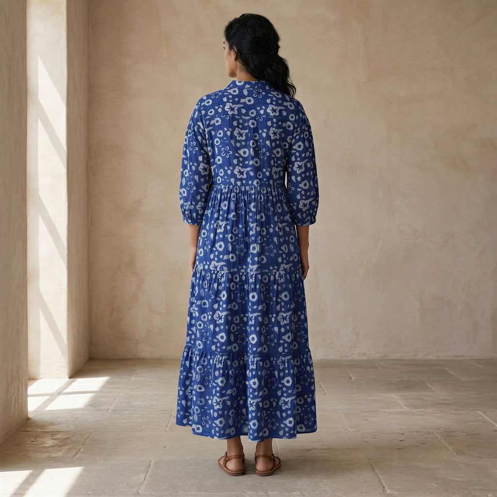Indigo Floral Block Print Cotton Deep-V Maxi Tier Dress