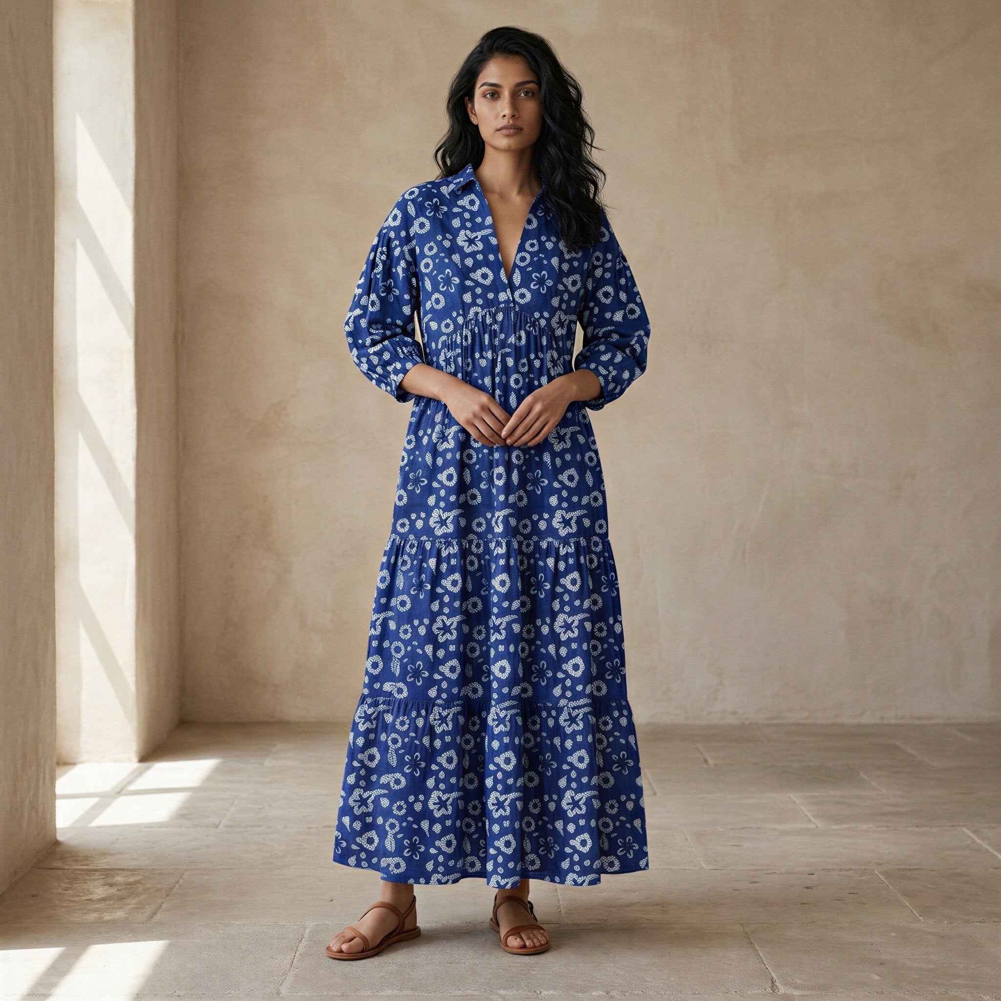 Indigo Floral Block Print Cotton Deep-V Maxi Tier Dress