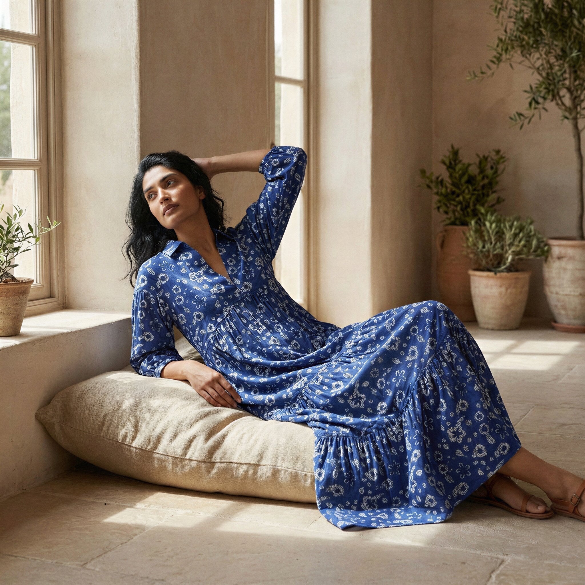 Indigo Floral Block Print Cotton Deep-V Maxi Tier Dress