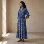 Indigo Floral Block Print Cotton Deep-V Maxi Tier Dress