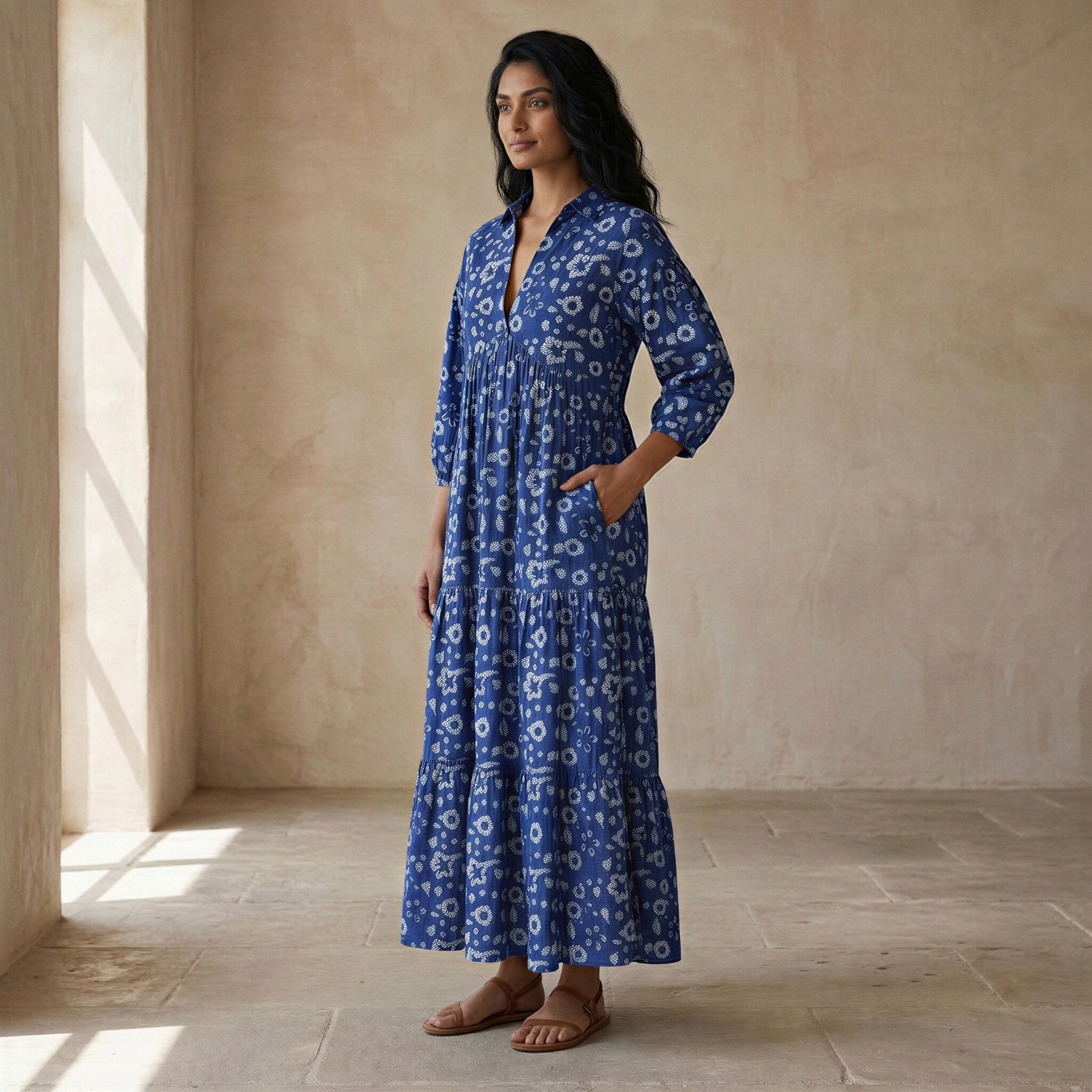 Indigo Floral Block Print Cotton Deep-V Maxi Tier Dress