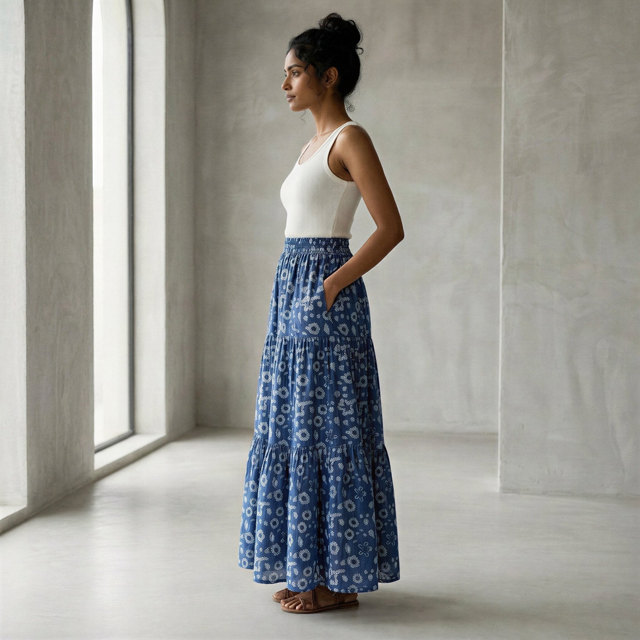 Indigo Floral Block Print Cotton Elasticated Maxi Tier Skirt
