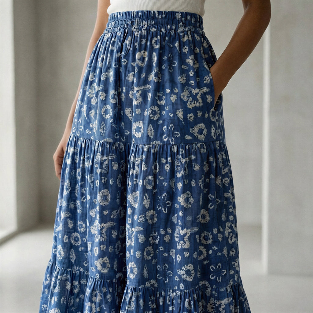 Indigo Floral Block Print Cotton Elasticated Maxi Tier Skirt