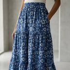 Indigo Floral Block Print Cotton Elasticated Maxi Tier Skirt