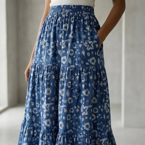 Indigo Floral Block Print Cotton Elasticated Maxi Tier Skirt