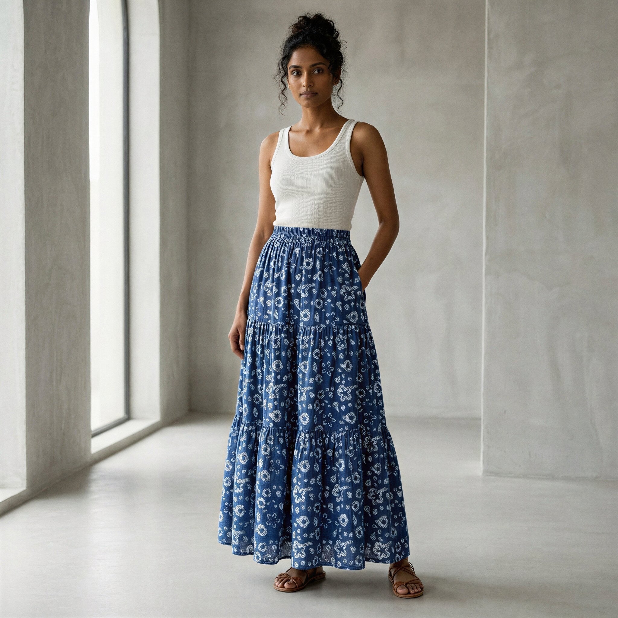 Indigo Floral Block Print Cotton Elasticated Maxi Tier Skirt