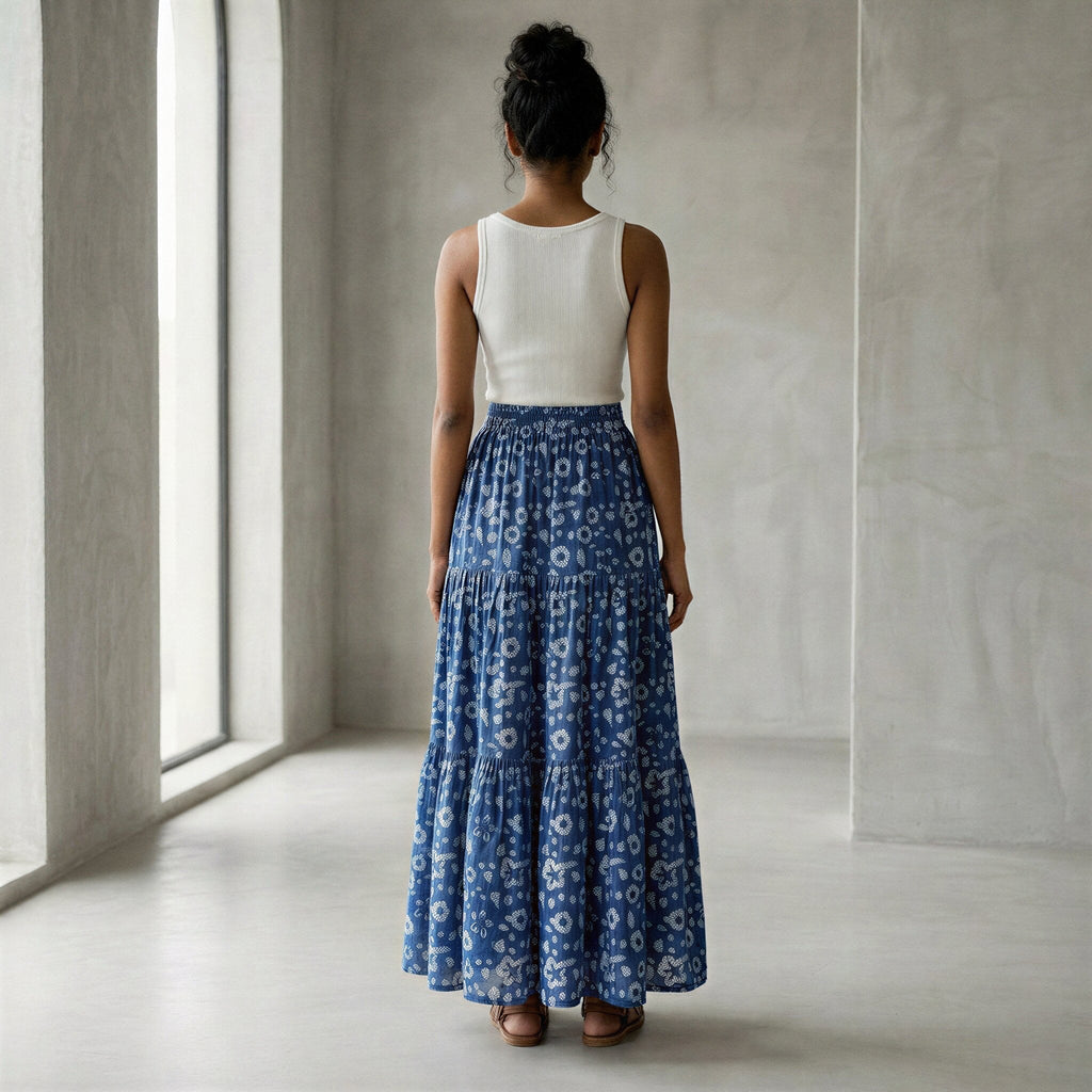 Indigo Floral Block Print Cotton Elasticated Maxi Tier Skirt