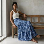 Indigo Floral Block Print Cotton Elasticated Maxi Tier Skirt