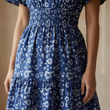 Indigo Floral Block Print Cotton Elasticated Short Tier Dress