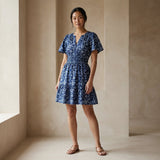 Indigo Floral Block Print Cotton Elasticated Short Tier Dress