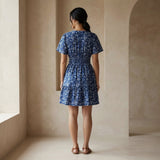 Indigo Floral Block Print Cotton Elasticated Short Tier Dress